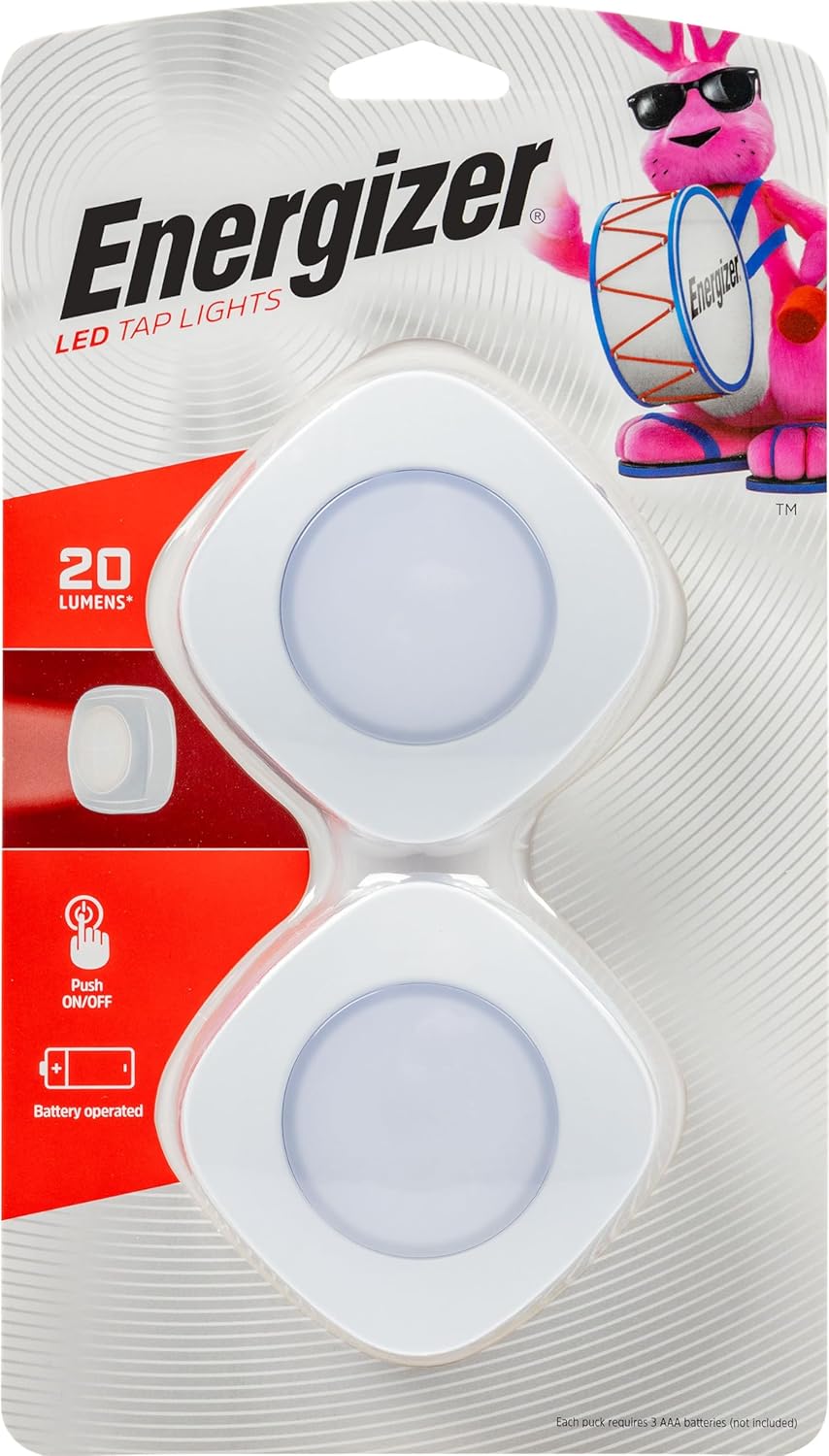 Energizer LED Tap Light, Battery Operated Stick-On Lights, White, Wireless Portable, Ideal for Under Cabinet Lighting and Closets – 37107 (2 Pack)