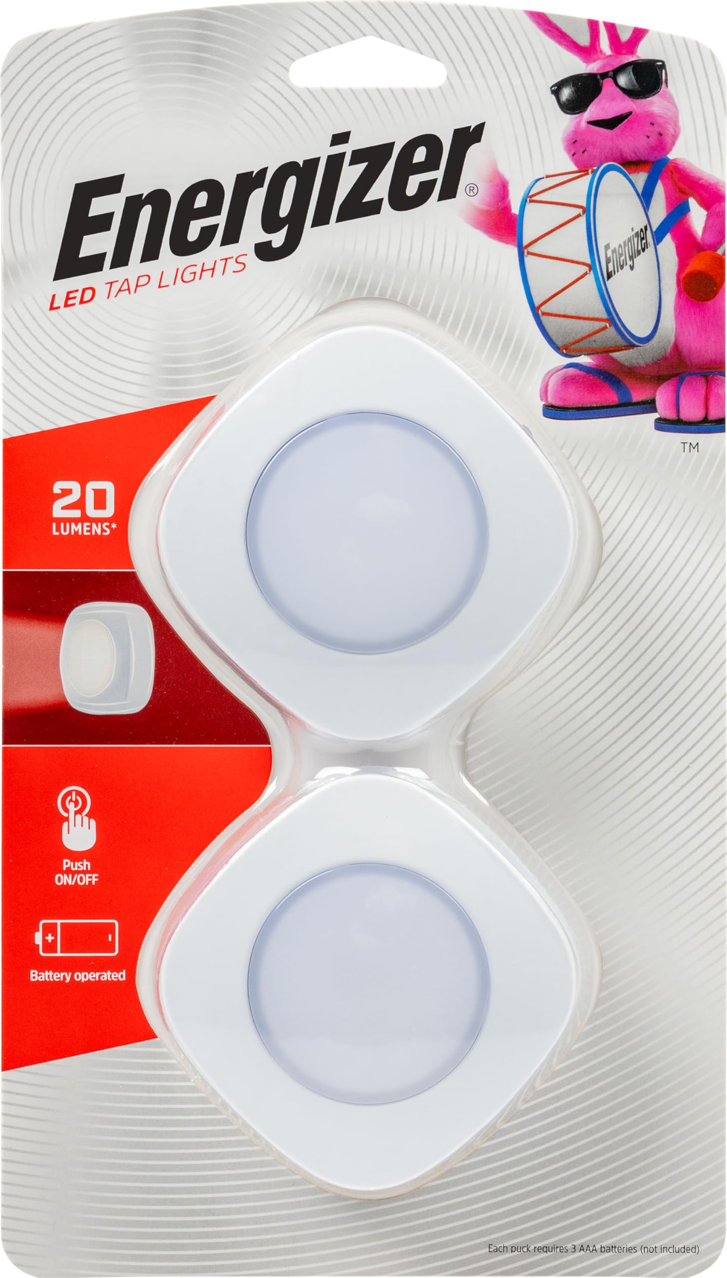 Energizer LED Tap Light, Battery Operated Stick-On Lights, Silver, Wireless Portable, Ideal for Under Cabinet Lighting and Closets – 37107 (2 Pack)