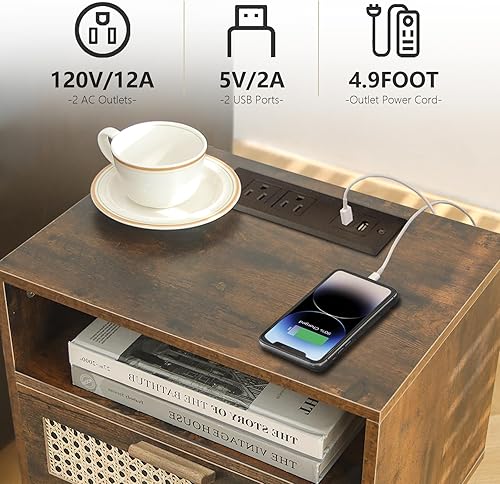 Miniatura 4 de MaxSmeo Mesita de noche pequeña con estación de carga, mesa auxiliar de ratán moderna de mediados de siglo para dormitorio, sala de estar y espacios