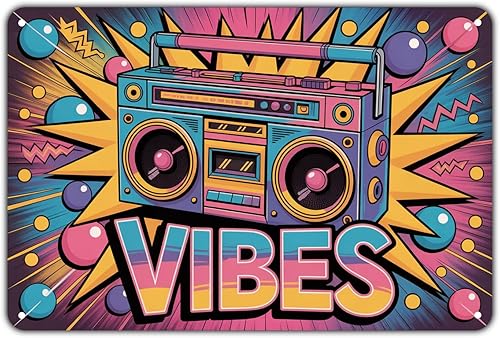 Retro Boombox tin sign Vintage 80s Music Metal Sign Print Aesthetic for Garden Yard Bar Porch Home Bedroom Kitchen Wall Decor Gift 8 x 12 in