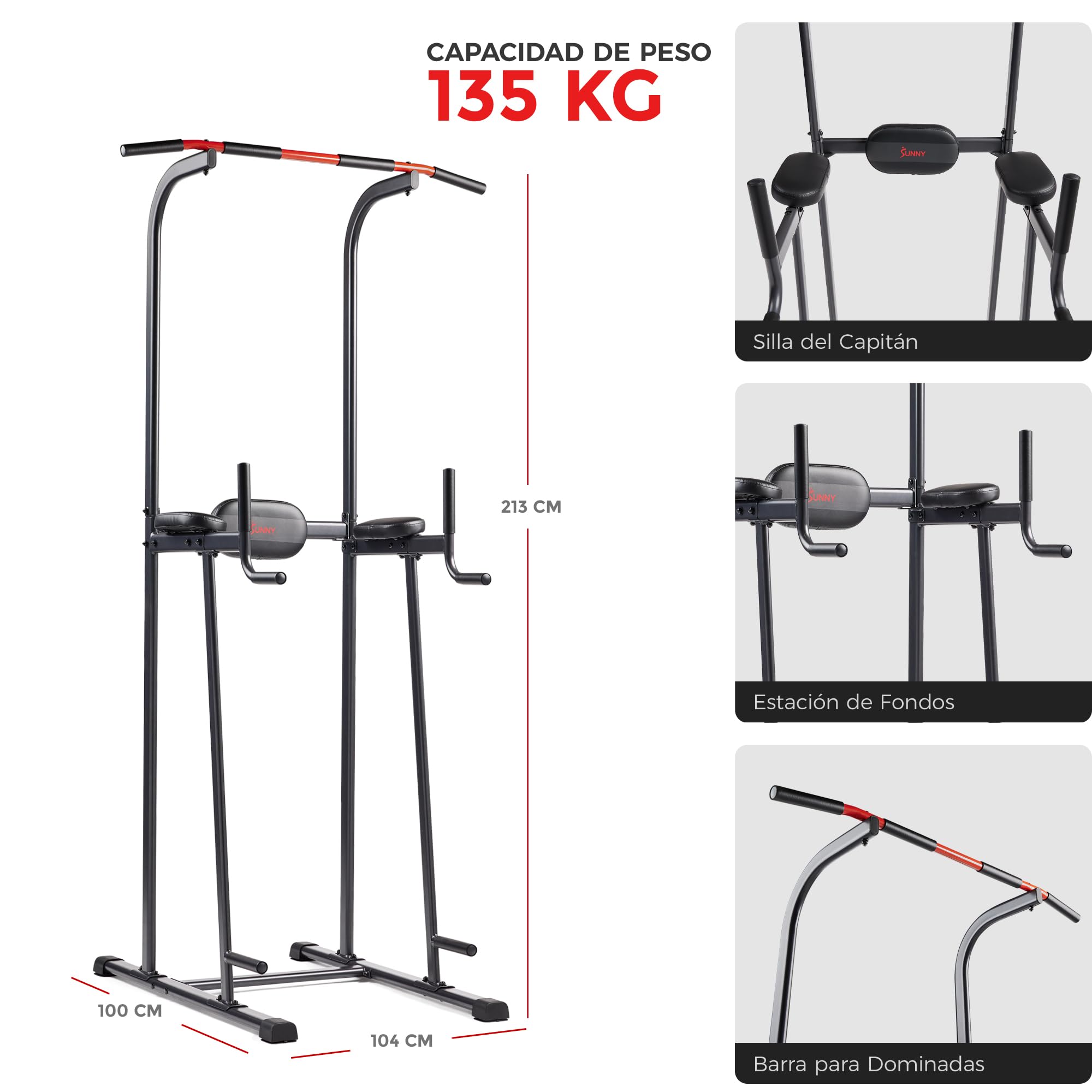 Sunny Health & Fitness Torre de Potencia, Barra para Fondos, Estación de Paralelas con Asistencia para Flexiones y Dominadas, con Agarre Opcional Tipo Escalada