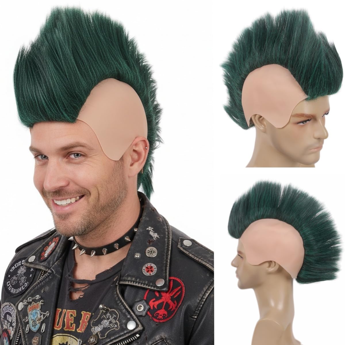 H&Bwig Adult Men's Mohawk Punk Rock Spiky Straight Wig Green Synthetic Soft Fiber with Bald Cap Design for Halloween, Cosplay, Anime Parties &