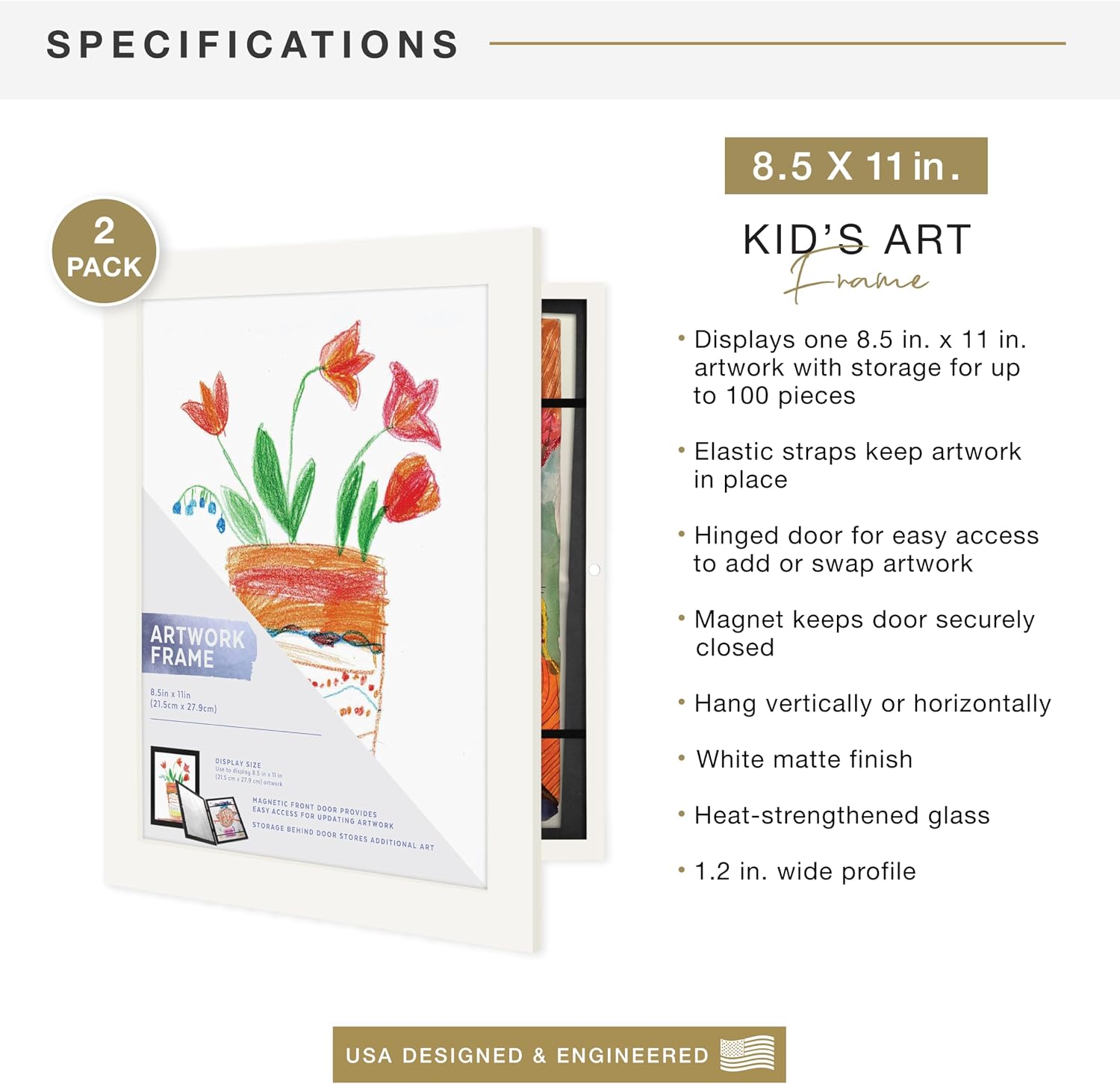 MCS Kids' Artwork Frame, Changeable, 8.5x11 Inch, White, 2 Pack