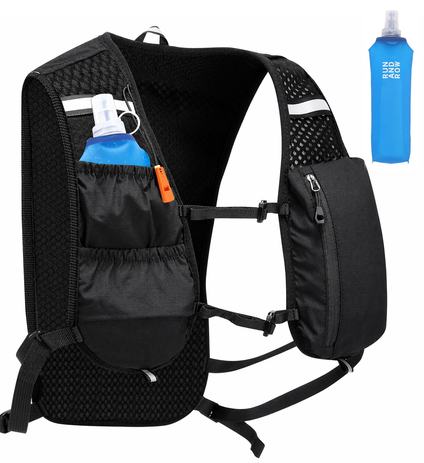 Gilet da Corsa Uomo Donna 140 g con Soft Flask 500 ml, Riflettente | Fischietto di Emergenza, Strisce Riflettenti, Traspirante, Cinghie Regolabili, Tasche Multiple