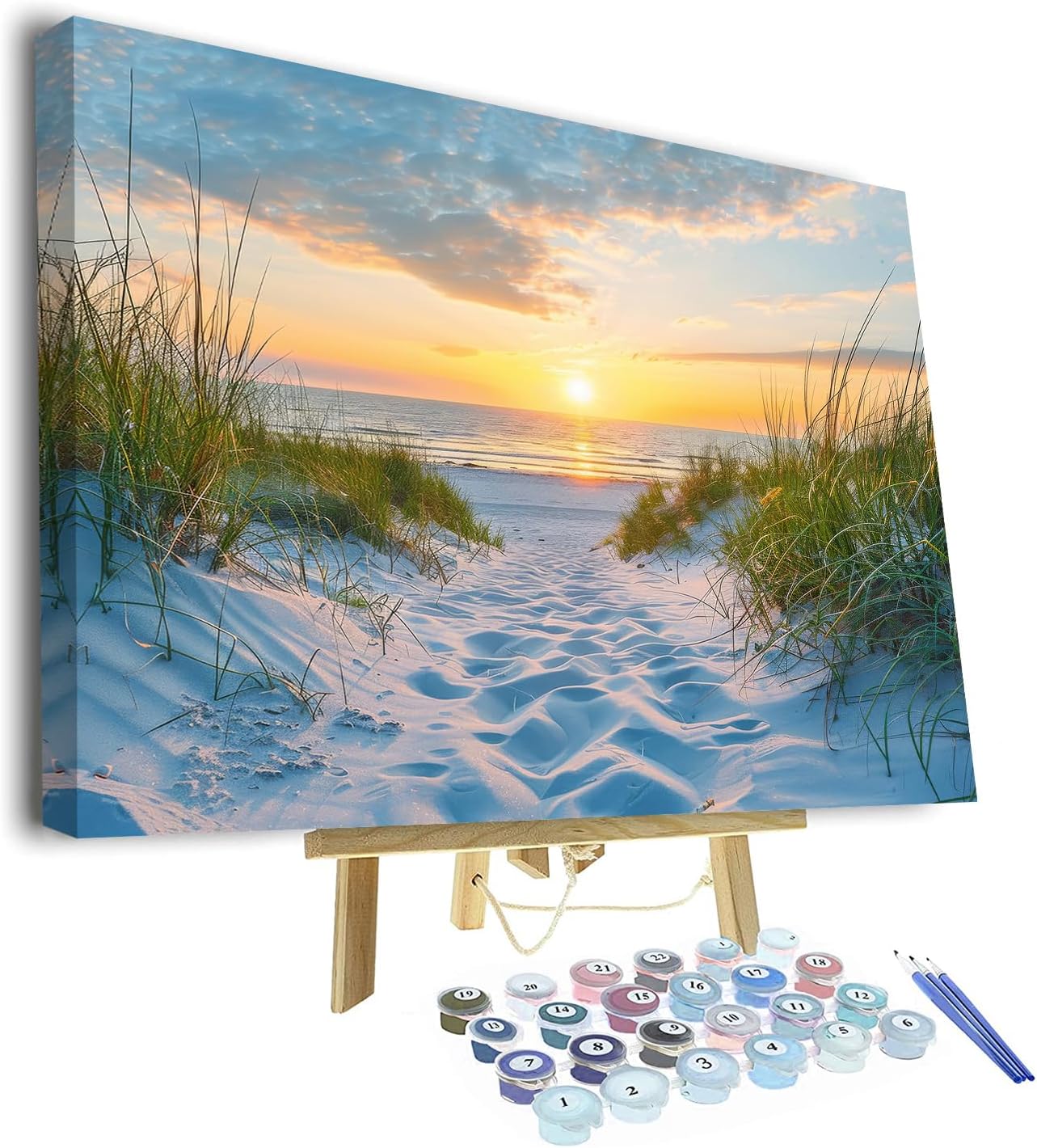 Rebotipy Paint by Numbers Kit for Adults Beginner, Seaside Sunset Adult Paint by Number Kits on Canvas, Beach and Sky DIY Watercolor Oil Paint by Number for Home Decor 16x20 Inch -with Frame