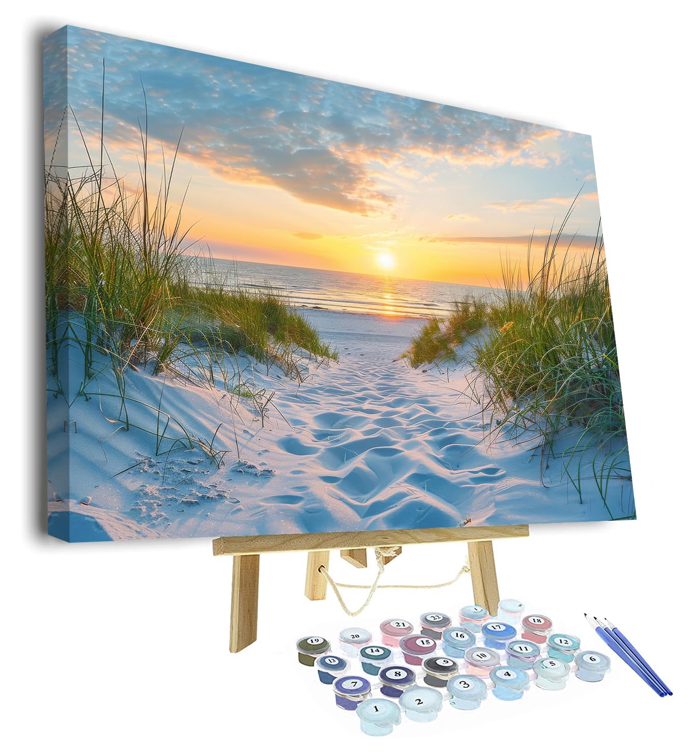 TISHIRON Malen nach Zahlen Erwachsene,Sonnenuntergang am Meer DIY Handgemalt Ölgemälde Kit Sand, Gras und Wellen Paint by Numbers Adult Mit 3 - Pinseln und Leinwand Kit 40 X 50 CM -Mit Rahmen