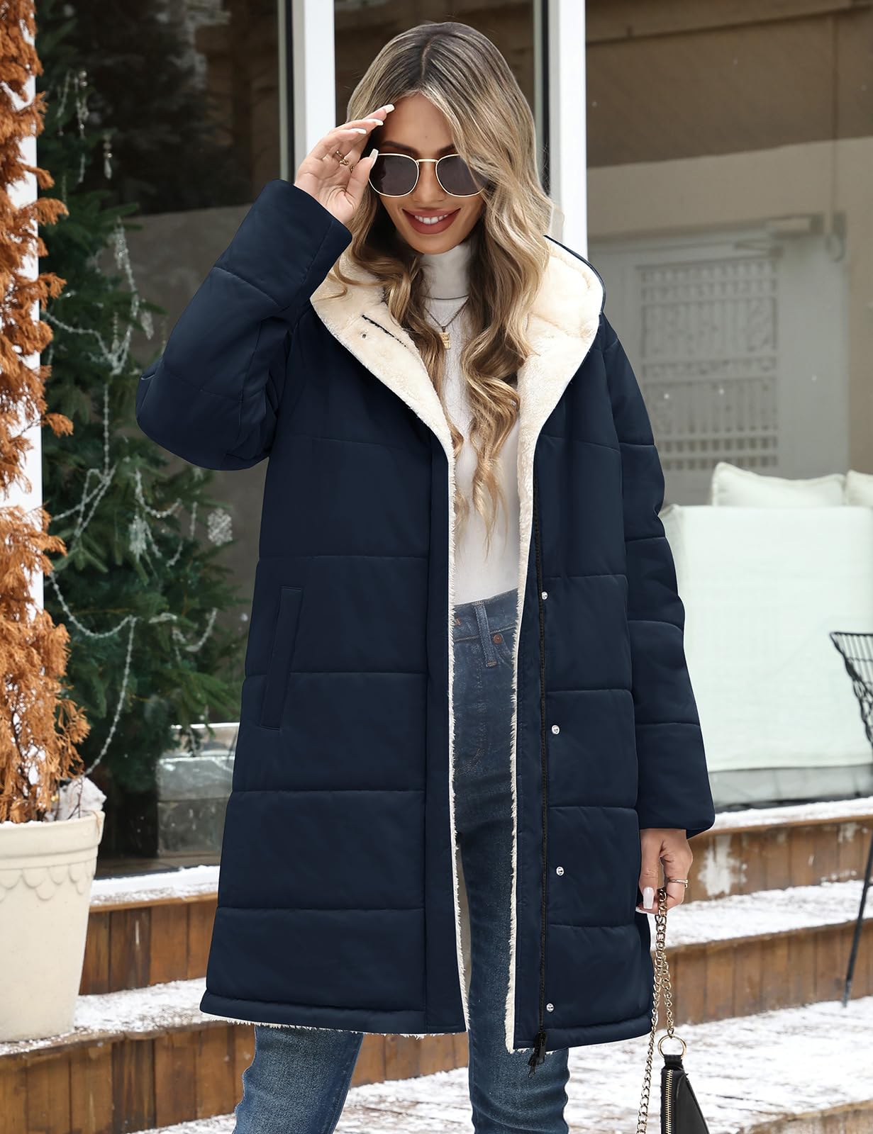 Vancavoo Abrigo de Invierno Mujer Medio Largo Acolchado Chaqueta Parka | Repelente al Agua, Forro Polar Cálido, Capucha Fija, Cremallera, Botones a Presión y Bolsillos Laterales
