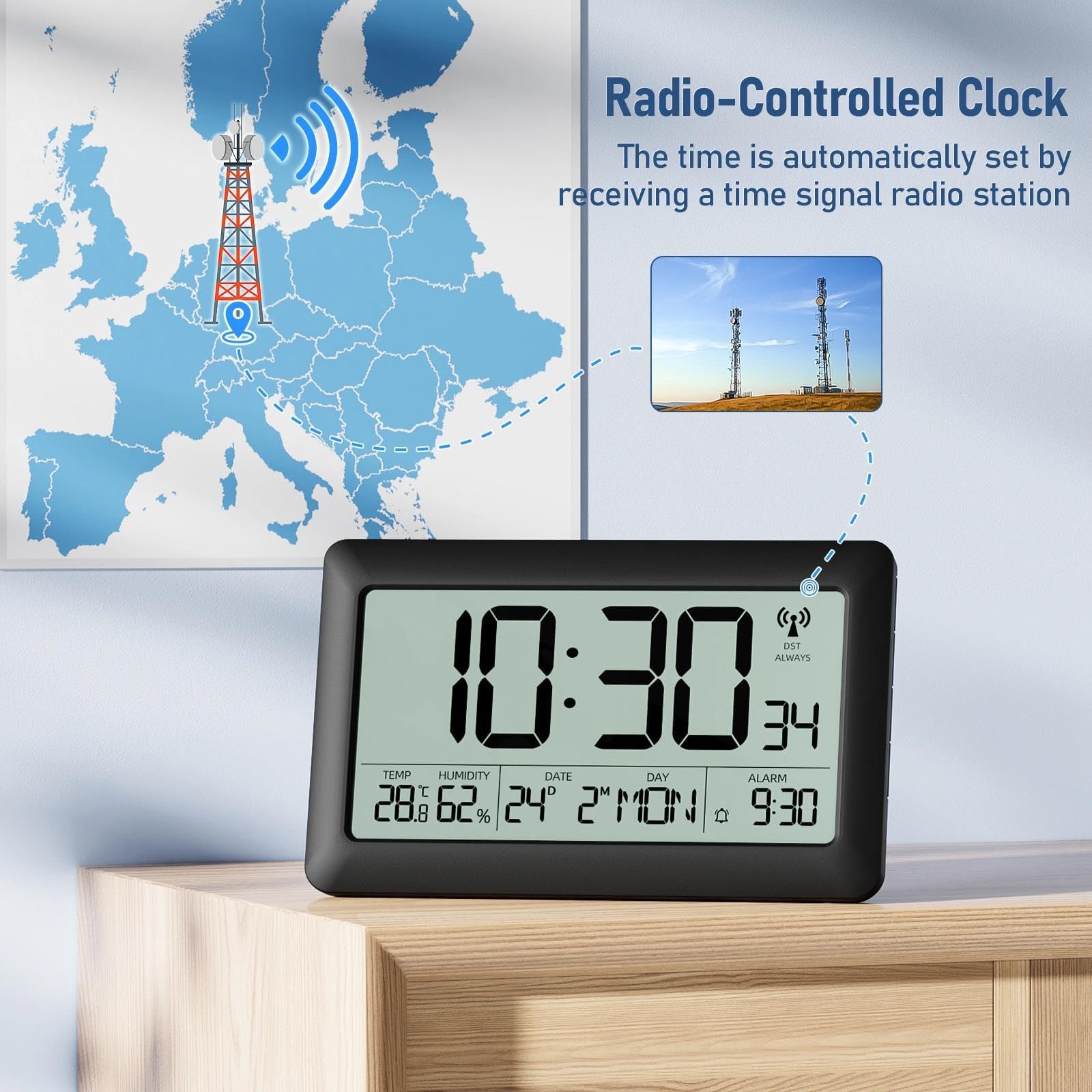 LATEC Orologio, Sveglia Digitale Radio Controllata con Ampio Schermo LCD da 7,5" - Orologio Digitale a Batteria con Temperatura/Umidità/Calendario - Sveglia/Funzione Snooze – Retroilluminazione