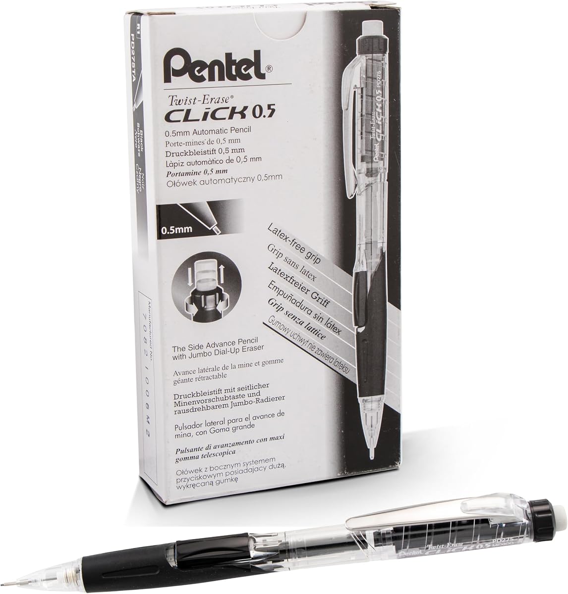 Pentel Twist Erase CLICK Mechanical Pencil, Pack of 12, (0.5mm), Clear Barrel, Black Grip, Box of 12 (PD275TA)