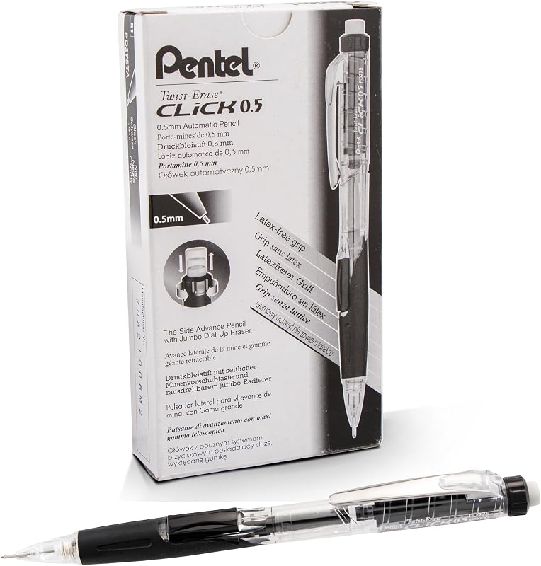 Pentel Twist Erase CLICK Mechanical Pencil, Pack of 12, (0.5mm), Clear Barrel, Black Grip, Box of 12 (PD275TA)