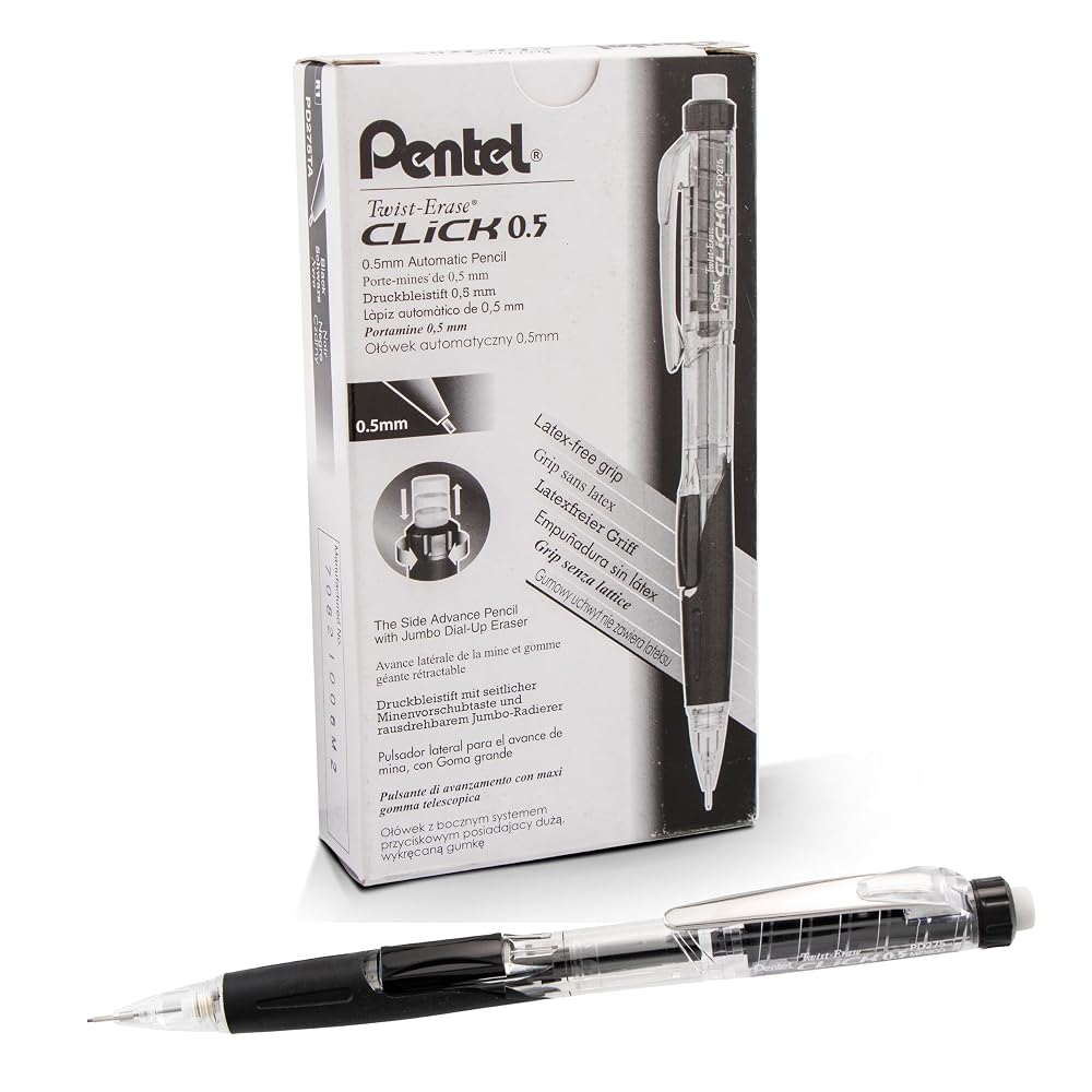 Pentel Twist Erase CLICK Mechanical Pencil, Pack of 12, (0.5mm), Clear Barrel, Black Grip, Box of 12 (PD275TA)