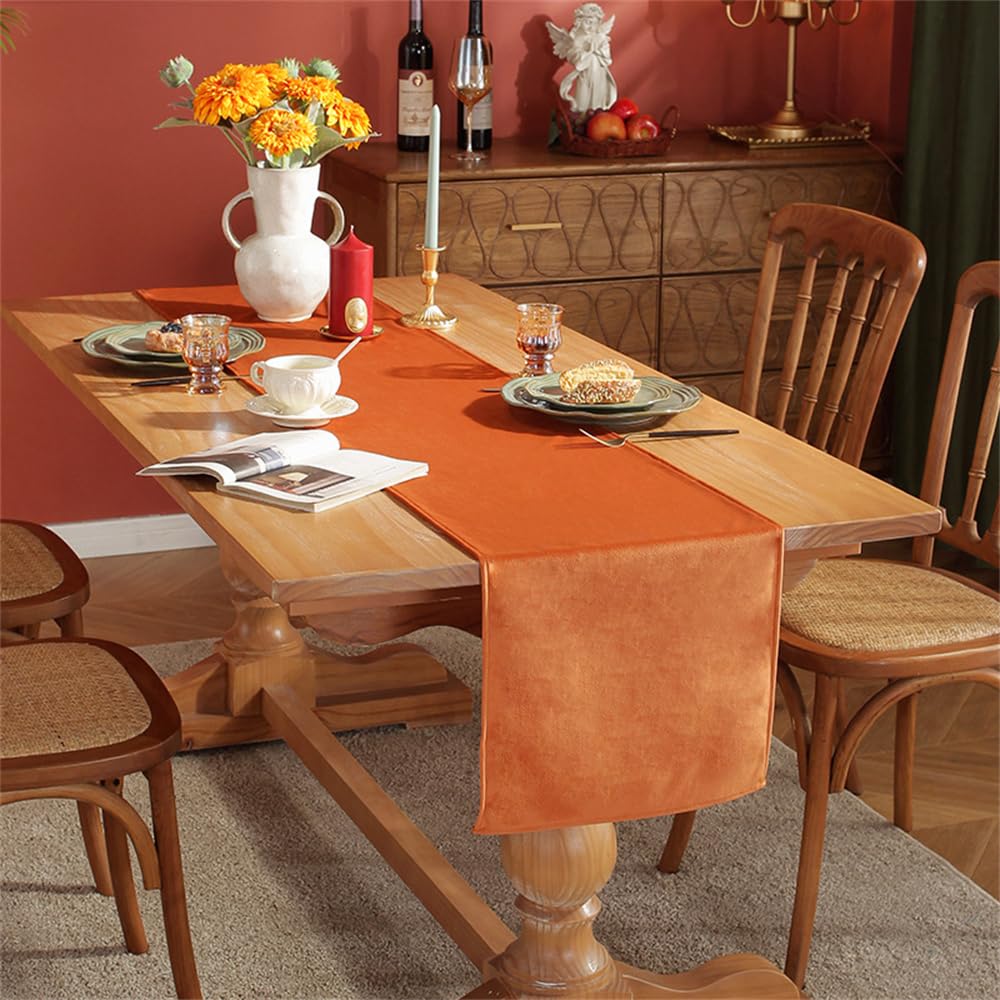 Treer Solid Color Velvet Table Runner Reversible Modern Rectangle Table Runner Farmhouse Table Decorations for Festival Party Dinner, Christmas Table Centrepiece (33x200cm,Orange)