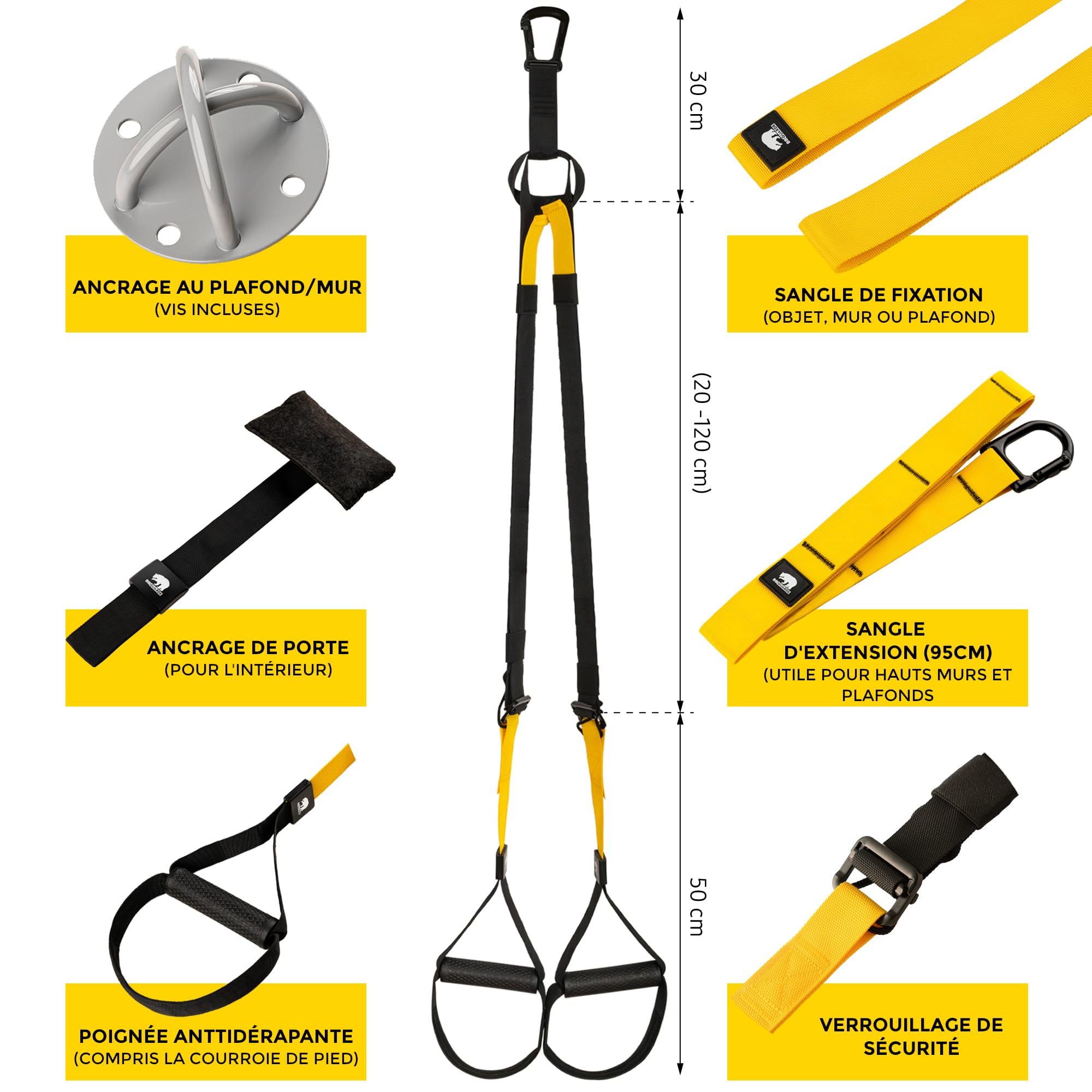 Sangles de suspension (fixation murale et de porte incluse), roulette abdominaux et bande élastique musculation. Appareil de musculation avec roue abdominale, bande élastique et sangle suspension