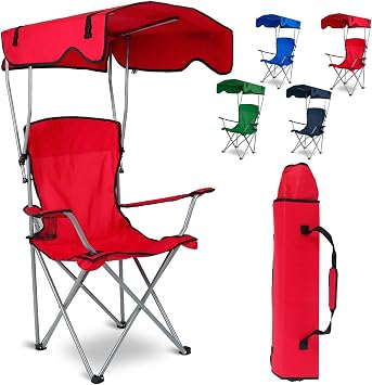 Foldable Camping Chair with Canopy - Sun Protection Beach Chair with Shade Canopy, 330LBS Load, Folding Seat with Cup Holder, Carrying Bag - Ideal Beach, Poolside, Travel, Picnic - Red