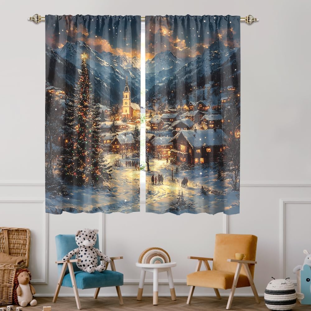 Rustic Mid Century Merry Christmas Blackout Curtains Watercolor Oil Painting Winter Snowy Christmas Tree Soft Blackout Curtains for Bedroom Living Room 2 Panels 54" L x 21" W