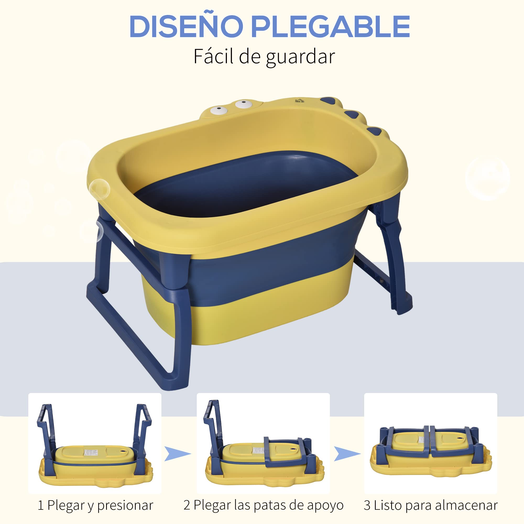 HOMCOM Bañera Plegable para Bebé de Recién Nacidos hasta 6 Años Bañera Portátil para Niños con Patas Antideslizantes 105L Amarillo y Azul