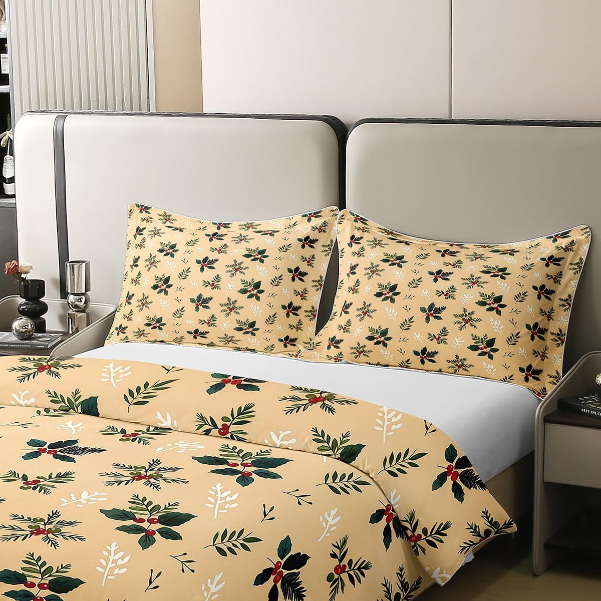 Xmas Holly Leaves 100% Cotton Duvet Cover Twin Size,Winter Pine Tree Bedding Set 2Pcs for Kids Room Decor,Merry Christmas Theme Comforter Cover,Light Brown Bed Quilt,1 Pillowcase (No Comforter) image 4