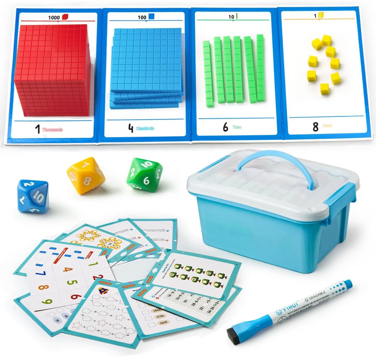 Base Ten Blocks Plastic 147 pcs Place Value Blocks with 3 dice CountingBlocks for Math Manipulatives Kindergarten Early Counting MathToy for 1st Grade Homeschool