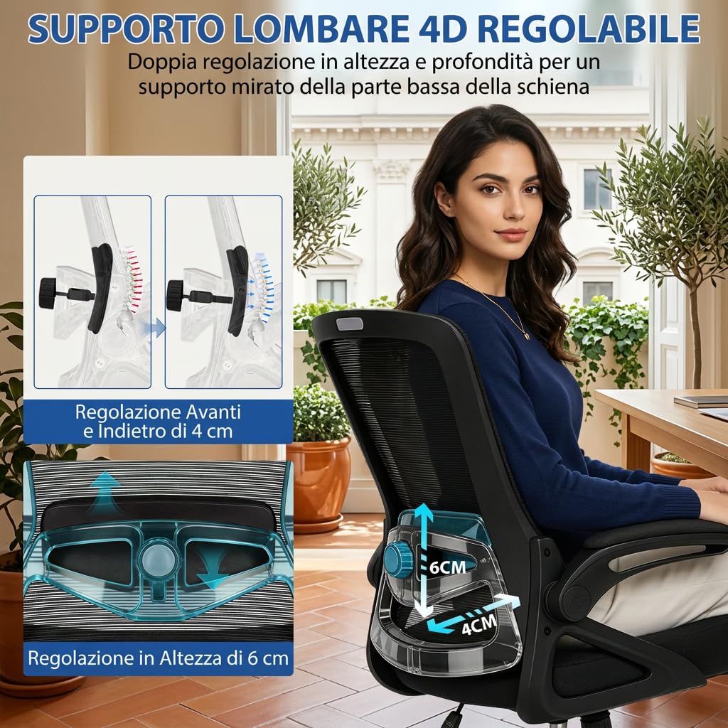 Sedia Ufficio Ergonomica, Sedia da Scrivania in Rete con Supporto Lombare 4D, Braccioli Ribaltabili 90°, Schienale Alto, Altezza Regolabile, Basculante 90°-125°, Portata 130 kg