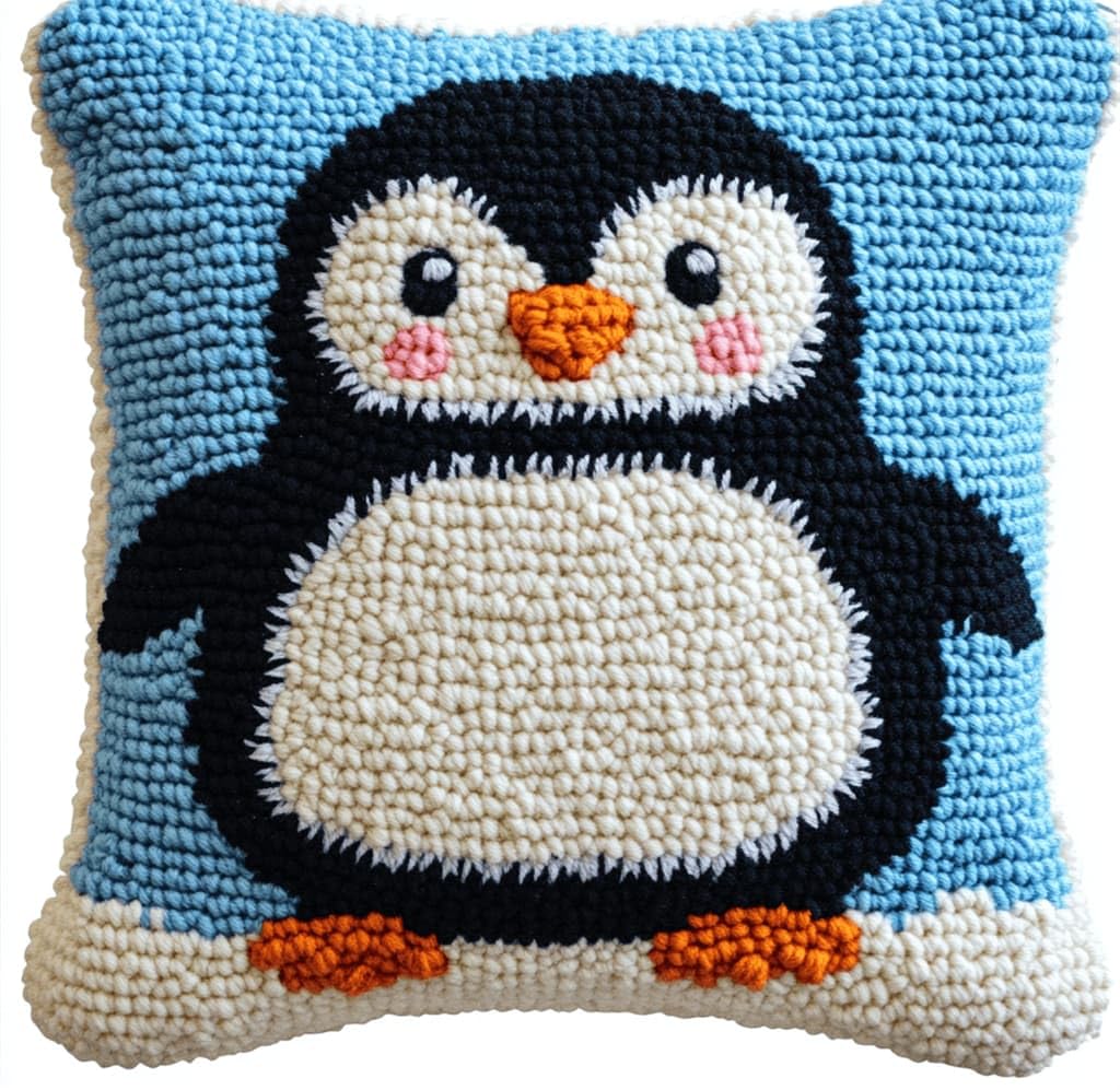 Beginner Latch Hook Cushion Kit,Penguin Decor Pillow Cover 43X43Cm