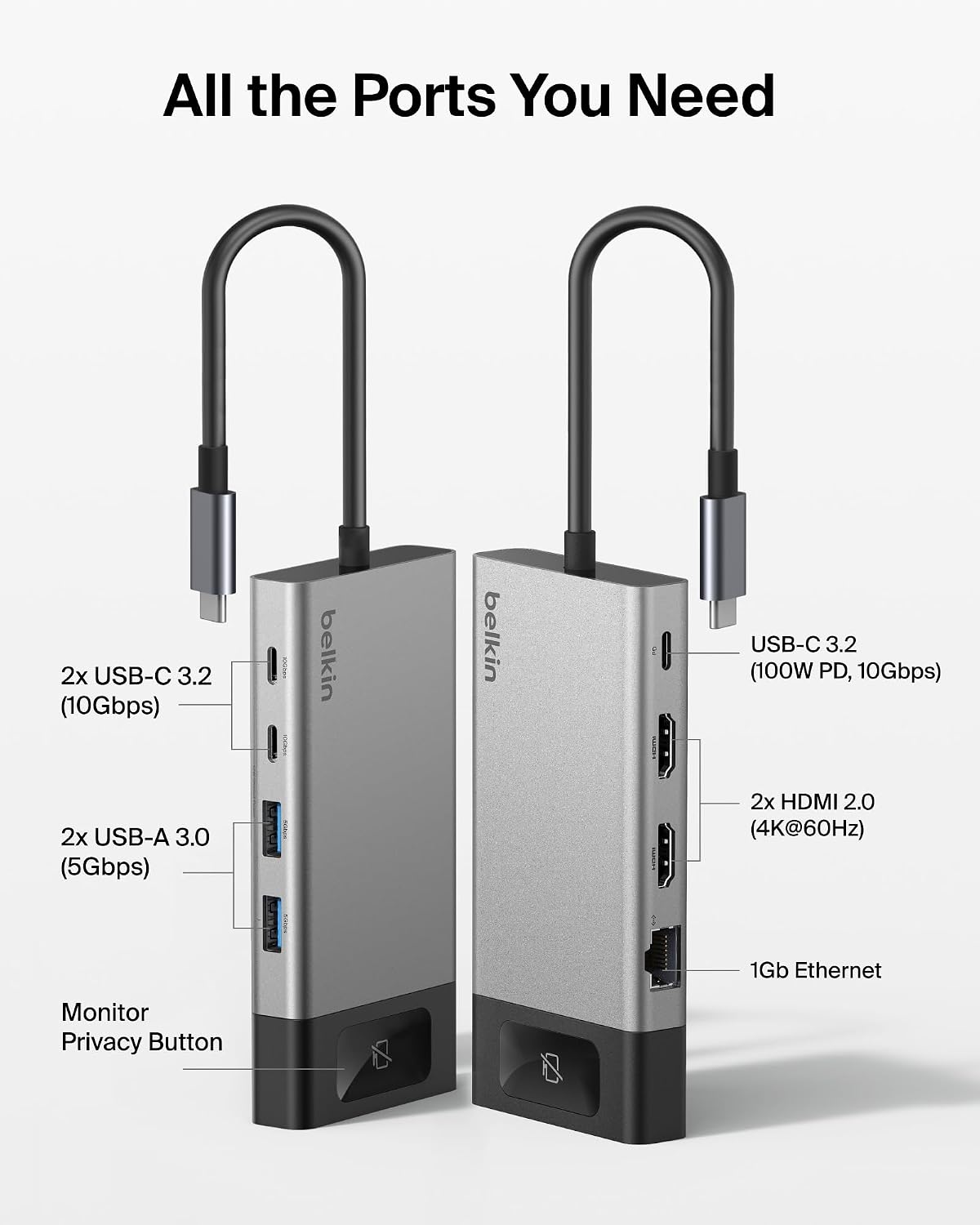 Belkin USB C Hub, 8-in-1 Multi-Port Hub 100W - Dual Display Support for Windows & Chromebook + Mirrored Support for macOS w/Monitor Privacy, Ethernet, Resolutions up to 4K@60Hz - Travel Essentials