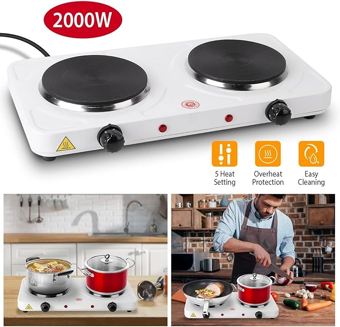 Estufa Eléctrica de 2 Puestos Portátil con 5 Niveles de Calor miniatura 3