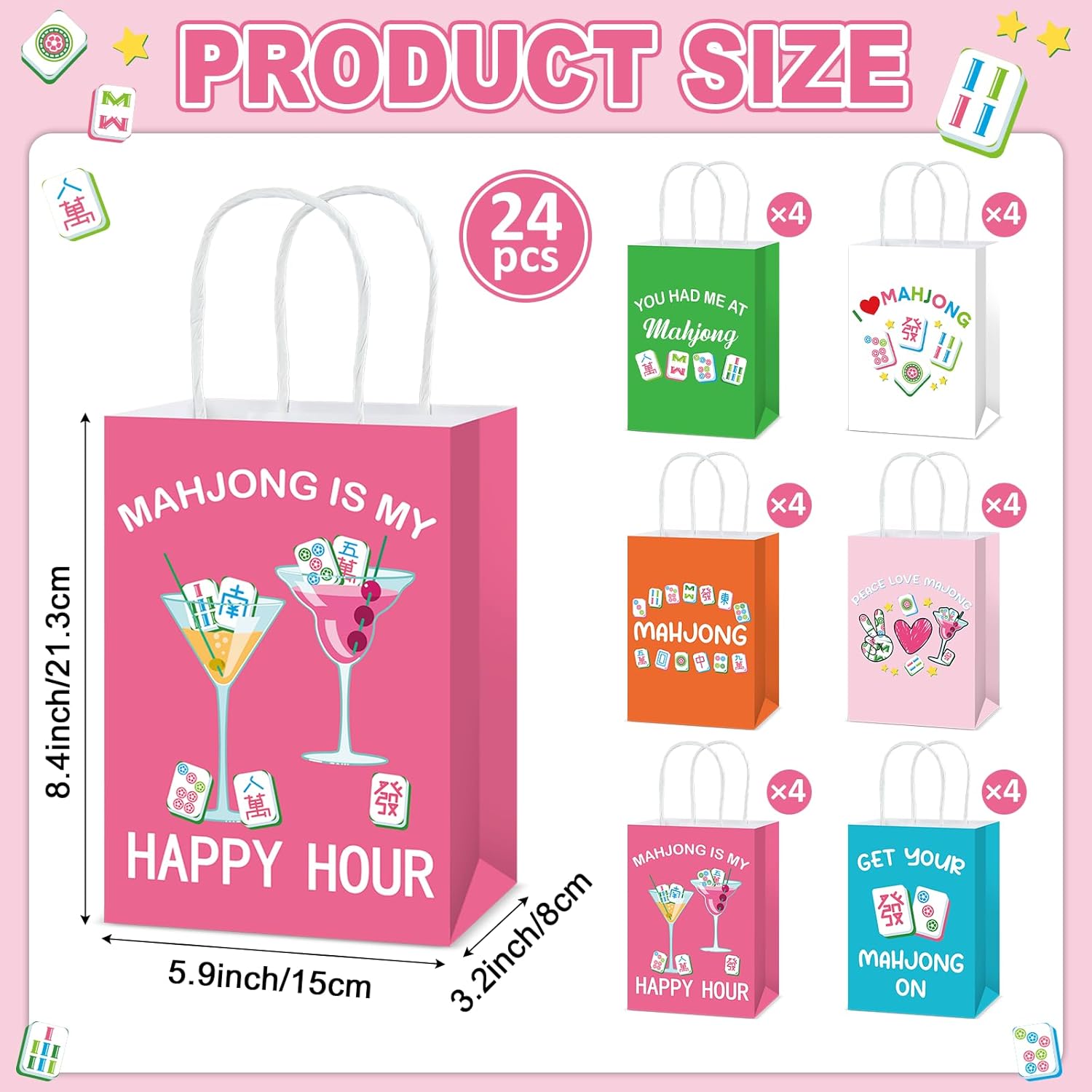 24 PCS Mahjong Party Decorations Gift Bags Set Multiple styles Mahjong Theme Wrapping Bags with Handles Goodie Candy Gift Paper Bag Favor Treat Bag for Women Men Game Night Birthday Party Supplies