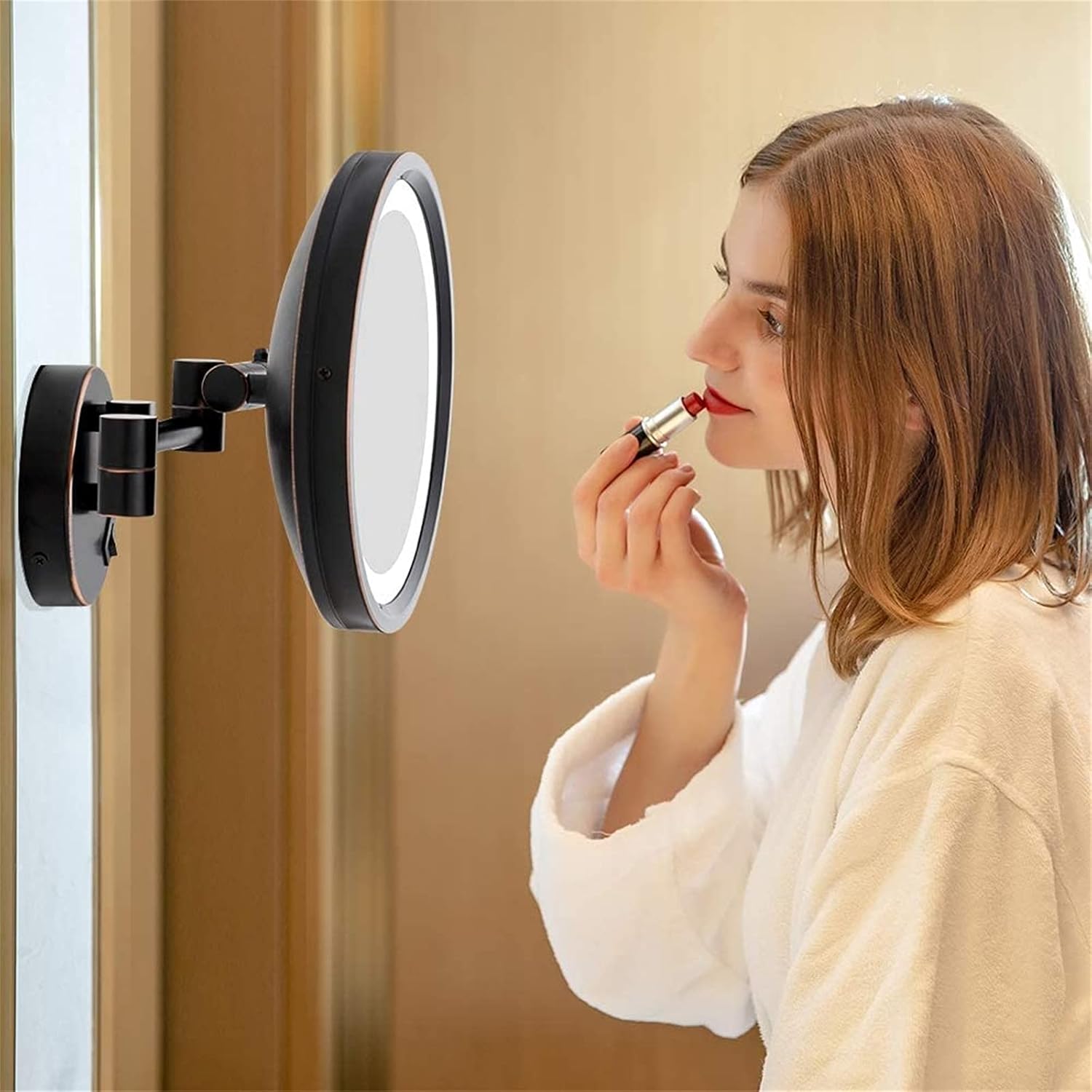 Wall Mounted Makeup Mirror with Magnification, 8 Inch Black 360° Extendable LED Lighted Shaving Vanity Mirrors, Plug Powered,5X(5X)