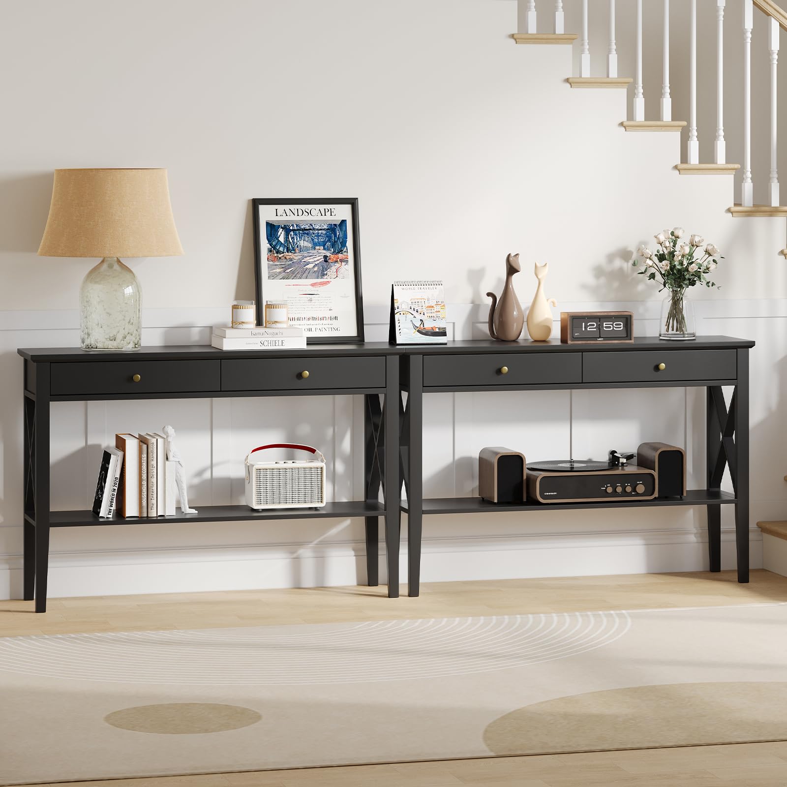 Console Meuble Design pour Espaces Étroits, Meuble 2 Tiroirs et Étagère Fixe pour Entrée, Salon et Couloir, Surface Lisse Facile à Nettoyer, Noir