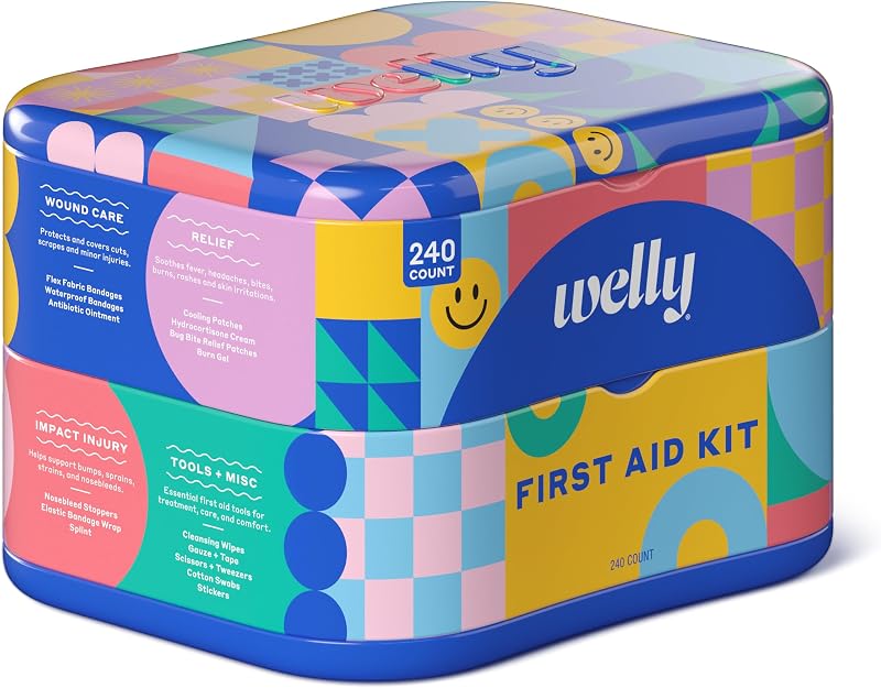 Welly Comprehensive First Aid Kit - FSA Eligible - Adhesive Bandages, Tape and Non-Stick Pads, Butterfly Strips, Cleansing Wipes, Ointments, Gauze, and More - 240 Pieces