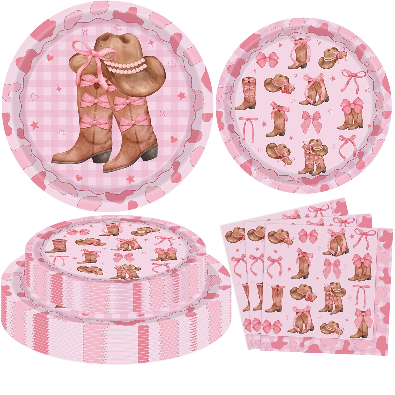 60Pcs Boots and Bows Party Decorations Coquette Bow Cowgirl Happy Birthday Party Supplies Western Cowgirl Plates and Napkins for Kids Set Decorations Favors Baby Shower Serve 20