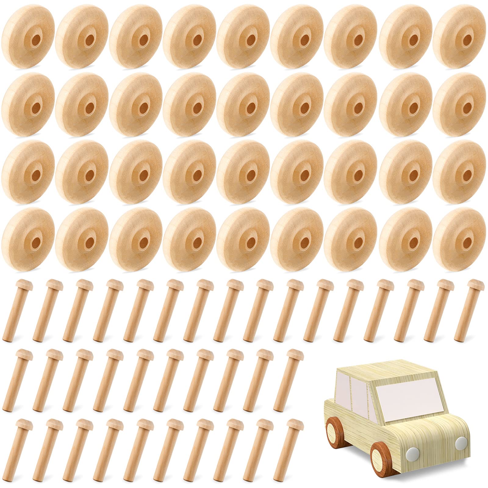 Civaner 36 Pack Wooden Wheels Toys for Crafts Mini Wooden Craft Wheels with Axle Pegs for Crafts DIY Toy Cars Painting Colors Working Pegboards(0.75 Inches Diameter)