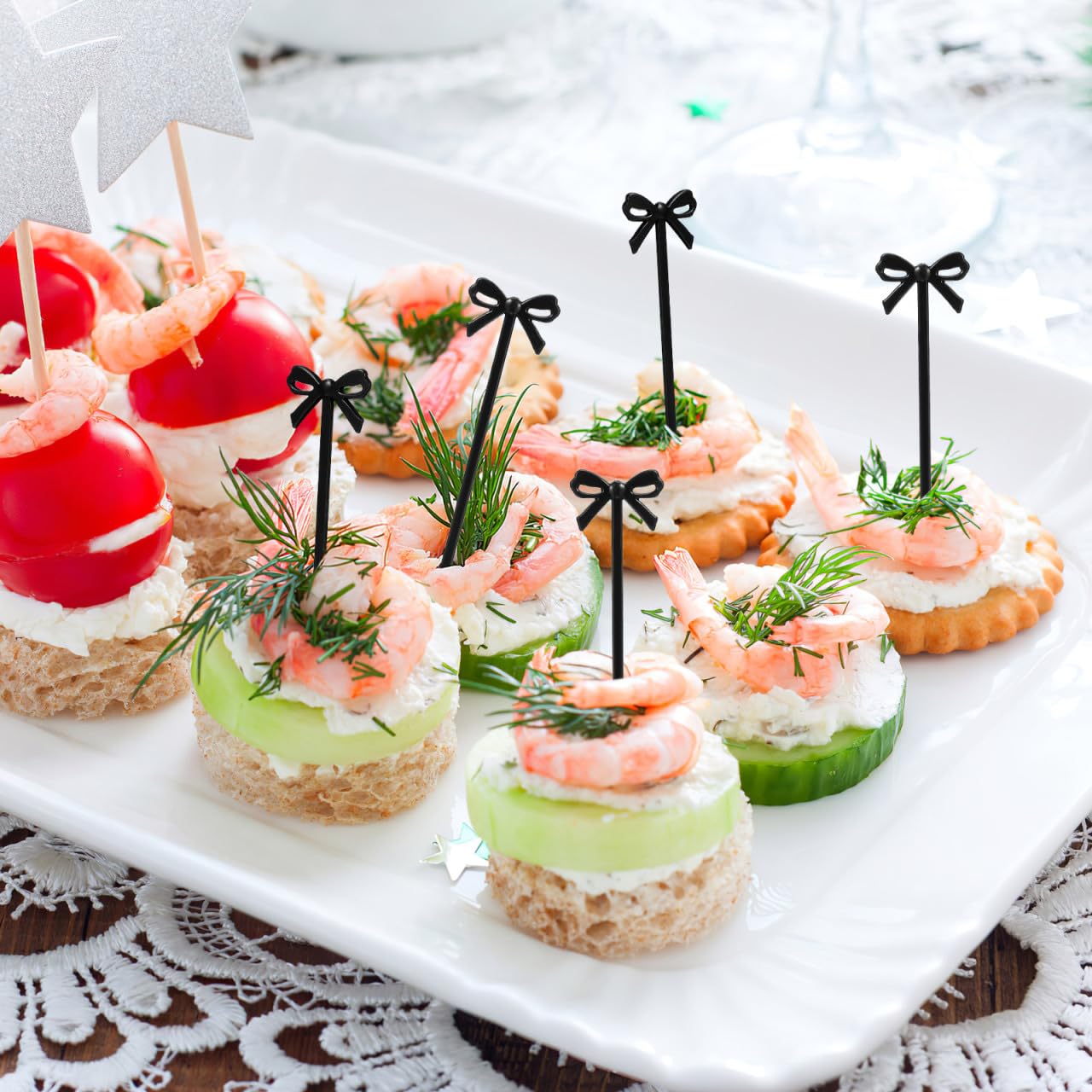 Black Toothpicks BIUDECO 30pcs Reusable Bow Shape Food Picks Decorative Cocktail Picks For Appetizers Cakes Desserts And Fruits Convenient Supplies Food Bows