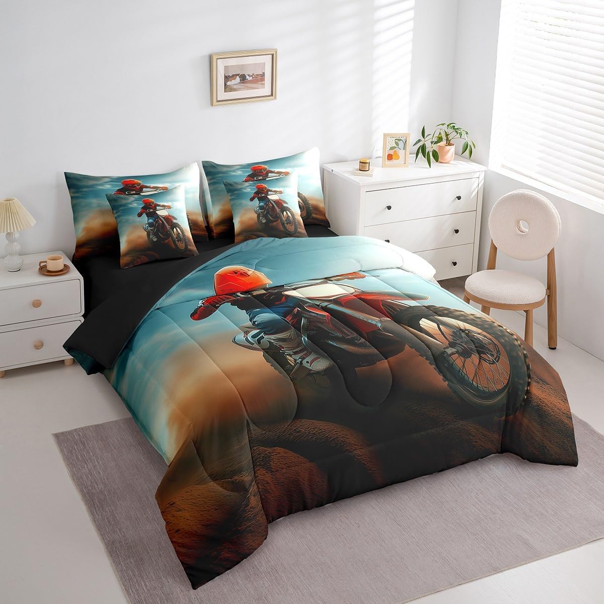 Loussiesd Motocross Rider Letto Trapuntato Extreme Sports Theme Piumino Letto Con Lenzuola 7 Pezzi 200x200cm(7-piece Set) Motocicletta Modello Lenzuola Copertura Decorazione Camera Dirt Bike Con