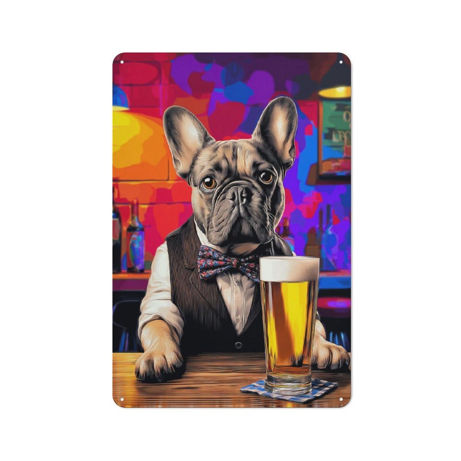 Junmoney French Bulldog Enjoying A Pint Metal Wall Sign 30X20cm Featuring For Garage Or Workshop, For Vintage Wall Decor Fans, For Metal Sign Collectors