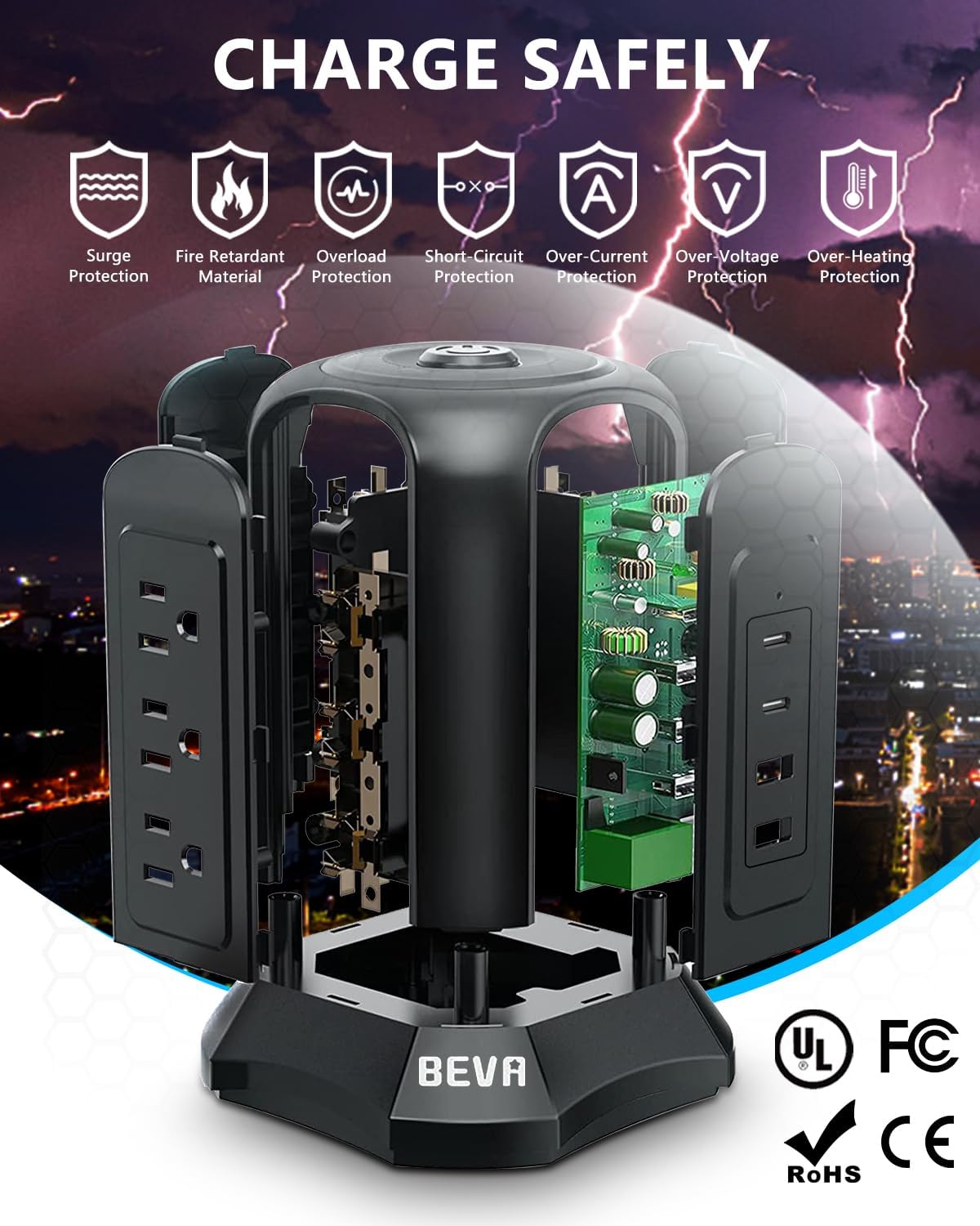 BEVA Tower Surge Protector Power Strip, Desk Charging Station with 9 AC Outlet and 4 USB Ports, 18AWG 6.5 FT Extension Cord, 3-Prong Flat Plug, Multiple Outlets for Office Dorm Apartment Essentials