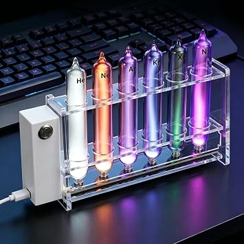 6 Rare Gas Glass Tubes, Noble Gas Glow Tubes Set, He/Ne/Ar/Kr/Xe/N2, with Power Excitation Base, for Science Education, Collection, Display,Teaching, 6-Well Activation Stand