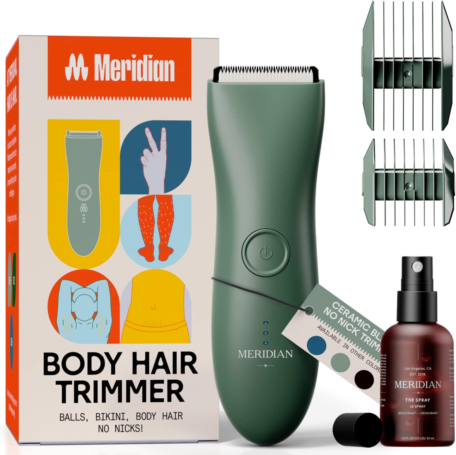 Meridian The Complete Package : Includes Men’s Waterproof Electric Below-The-Belt Trimmer and The Spray (50 mL) | Features Ceramic Blades and Sensitive Shave Tech (Sage)