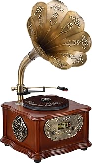 Wooden Gramophone Vinyl Record Player Speakers System Control 33/45 RPM FM AUX USB Ouput Bluetooth 4.2