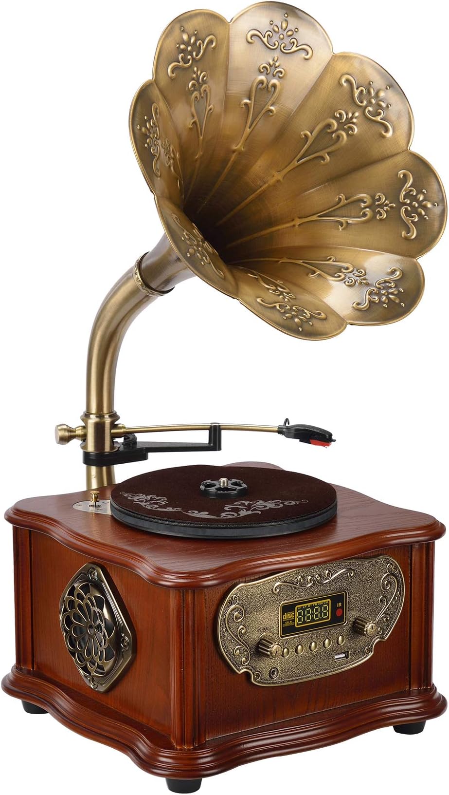 BANDC Wooden Gramophone Phonograph Turntable Vinyl Record Player Stereo Speakers System Control 33/45 RPM FM AUX USB Ouput Bluetooth 4.2