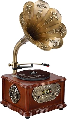 Teléfono fonógrafo de madera con gramófono tocadiscos de vinilo estéreo con control del sistema de 3345 RPM FM AUX USB Ouput Bluetooth 4.2