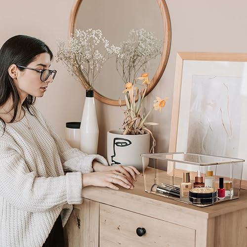 Miniatura 9 de Hudgan Caja organizadora de almacenamiento apilable pequeña con tapas de bambú para oficina en casa armario baños armarios de dormitorio