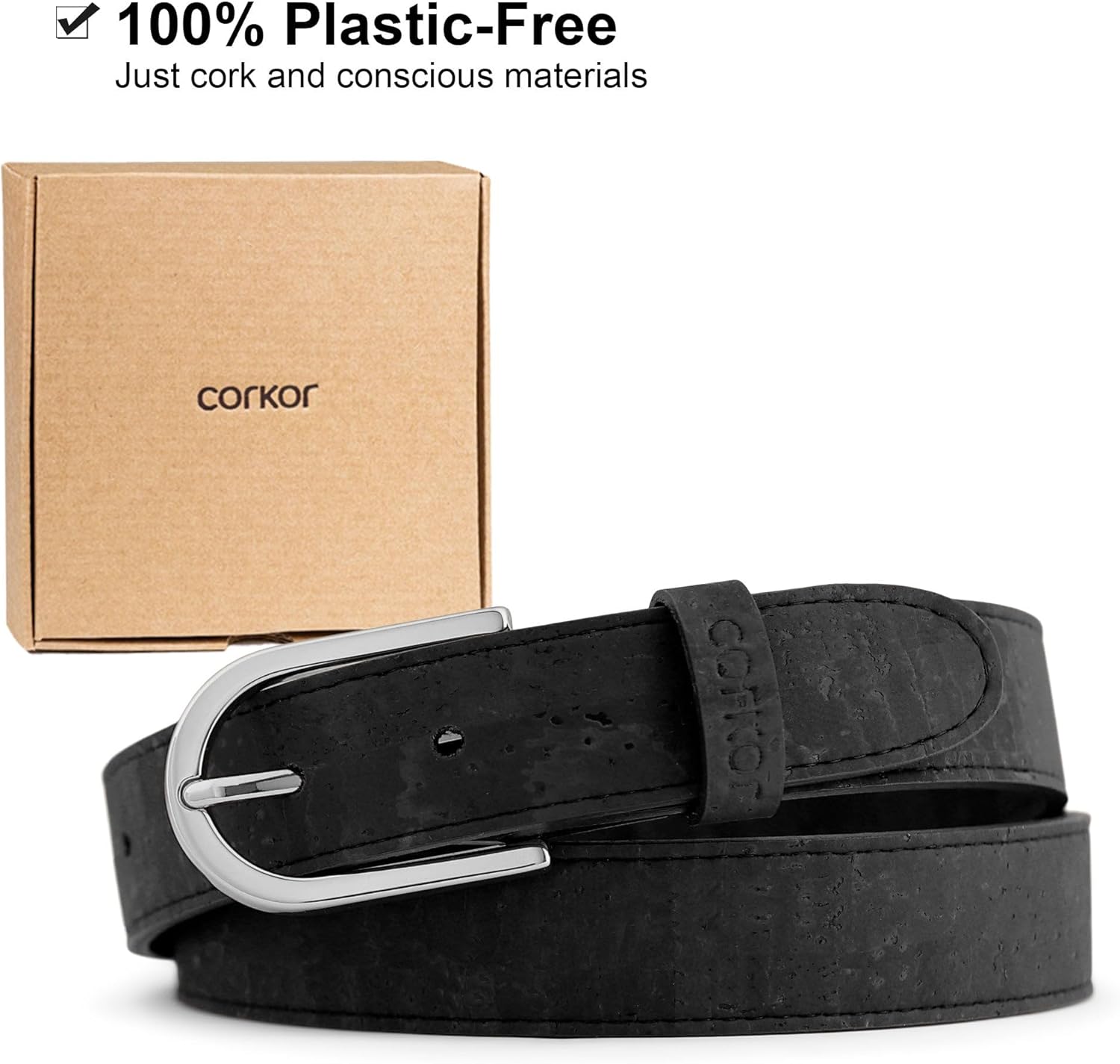 Corkor Women's Cork Belt 1 1/8" – Brown or Black Strap with Silver or Gold Nickel-Free Buckle, Vegan, Lightweight