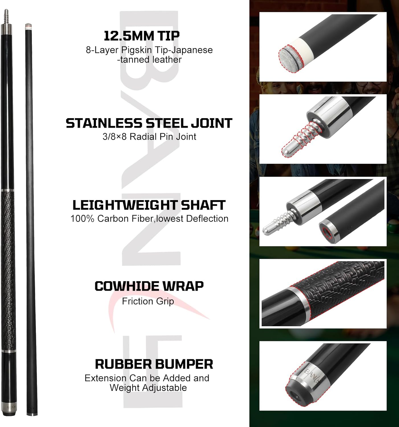 Banly Carbon Fiber Pool Cue Stick - Billiard Pool Stick for Adults, Low Deflection Pool Stick with Metal Ring Professional Cue Stick with Box Case