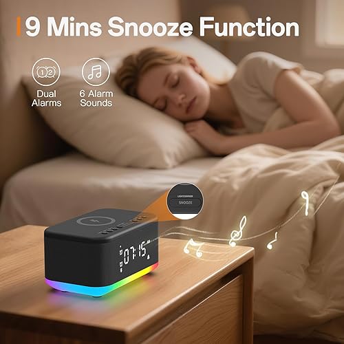 Miniatura 6 de Reloj despertador con altavoz, cargador inalámbrico, despertador digital, para dormitorios, Bluetooth, reloj despertador, luz regulable, para