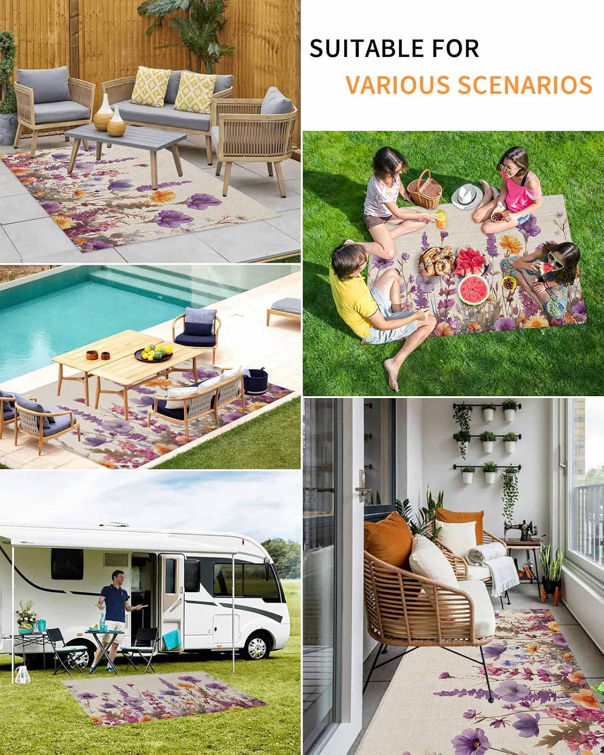 Purple Floral Outdoor Area Rug 4'x6',Patio Balcony Porch Front Door Camping Camper RV Deck Runner Rug Carpet Living Room/Bathroom/Kitchen,Hallway Floor Mat Vintage Spring Botanical Plant Leaves Herb