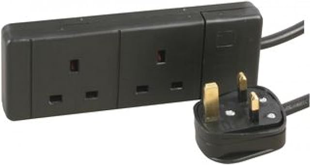 rhinocables 2 Gang Mains Extension Lead Cable, Power Strip Extender with 2 Sockets and Cord, 13 Amp Trailing Socket for Dual 3 Pin UK Plug, Suitable for Home and Office Use (20m, Black)