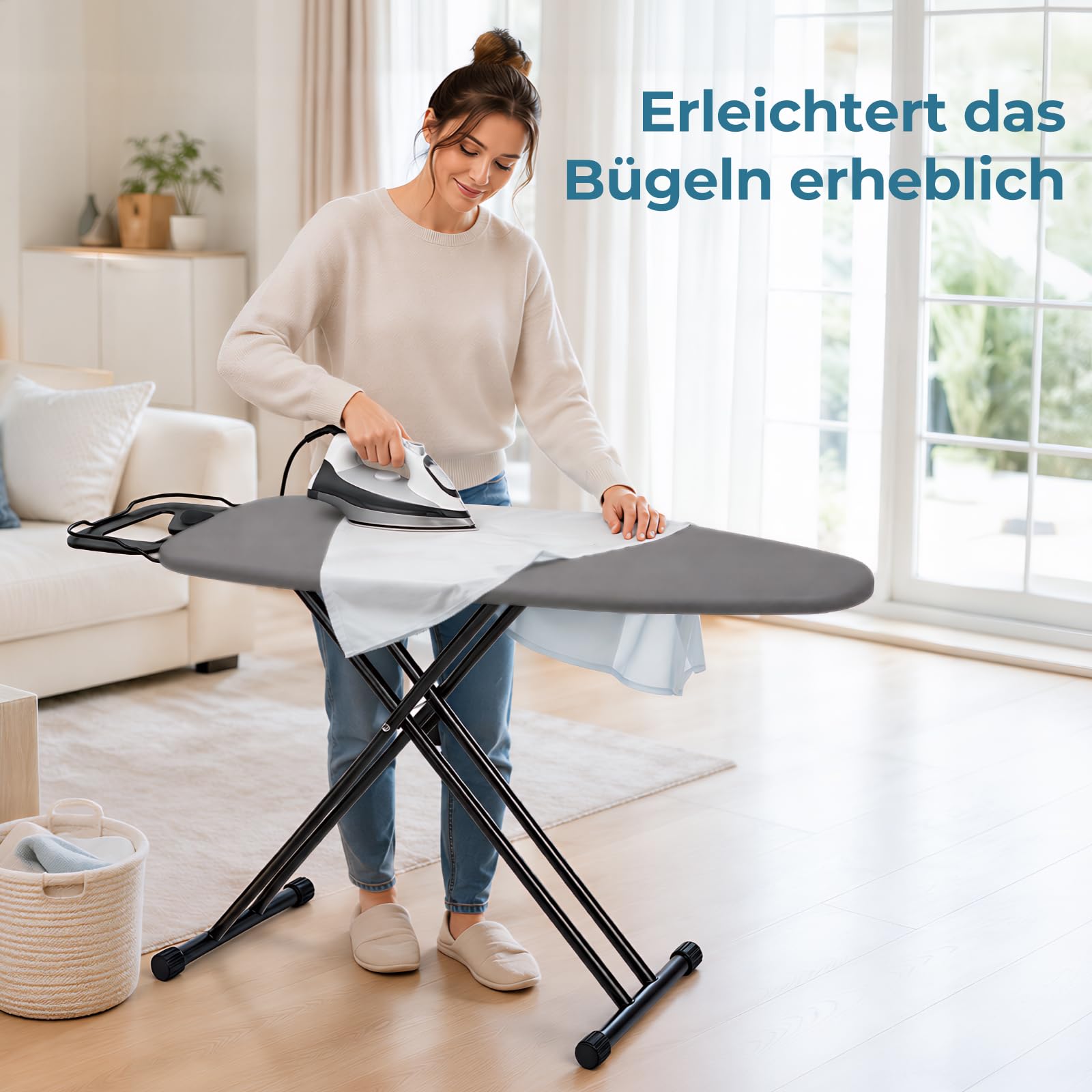 Bügelbrett 110 x 34 cm, 7-stufige Höhenverstellung, klappbar, hitzebeständiger Baumwollbezug, metallenes Belüftungsgitter, mit Bügelablage, Stabiler Stahlrahmen, platzsparend für Haushalt