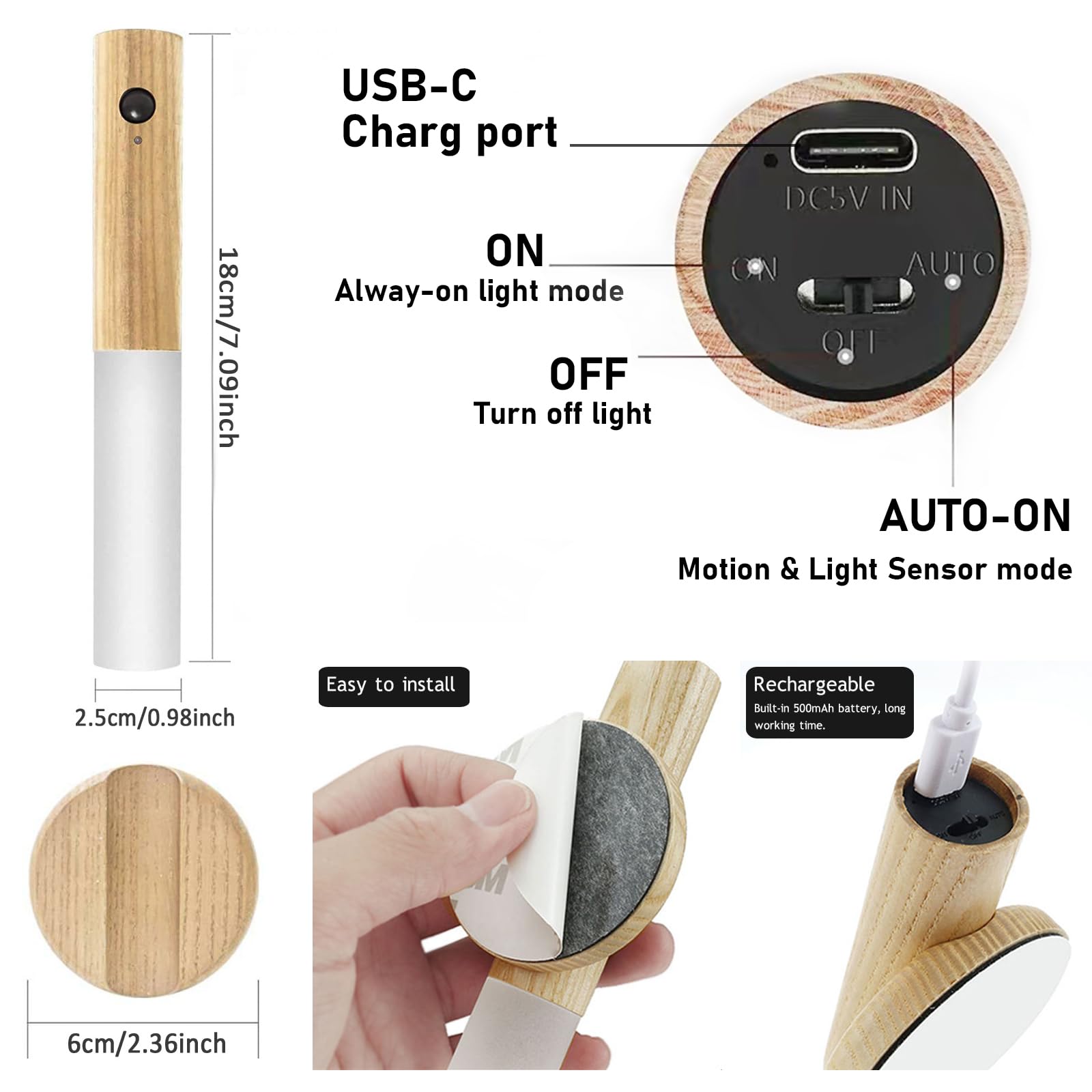 VOMI Legno Luce con Sensore di Movimento LED Applique da Parete Batteria con Interruttori USB Ricaricabile Scale Luce Notturna Interno Magnetica Armadio Portatile Lampada Camera Bambini Bianca Calda