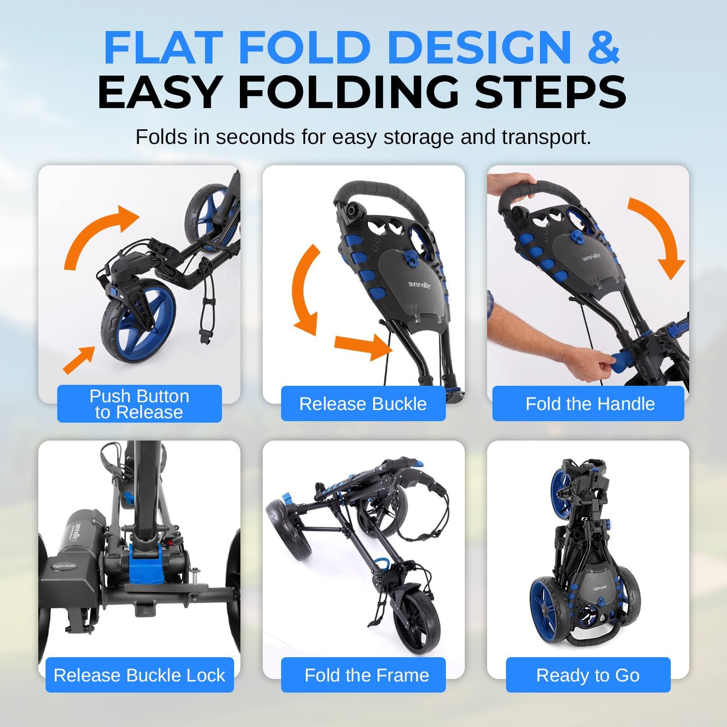 SereneLife Golf Push Pull Cart – Lightweight, Foldable, Bag Holder with Adjustable Handle, Caddy Accessories, Compact Folding Golf Trolley for Travel